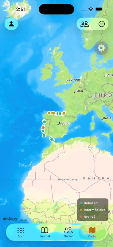Écran Carte de DailySurf